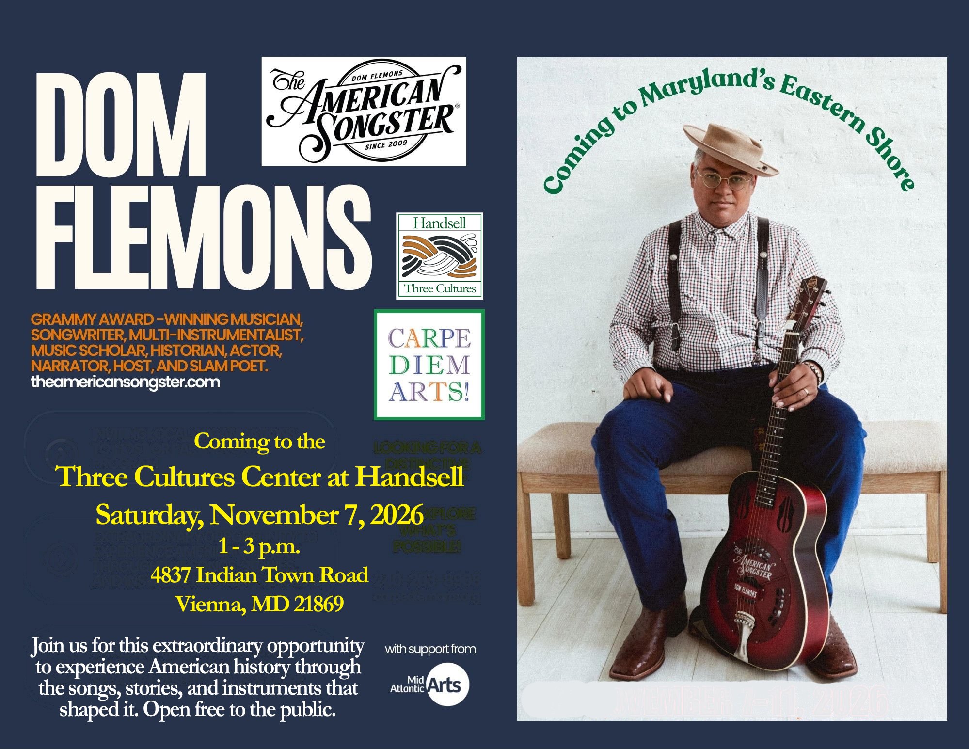 American Songster Dom Flemons Live Performance at the Three Cultures Center at Handsell